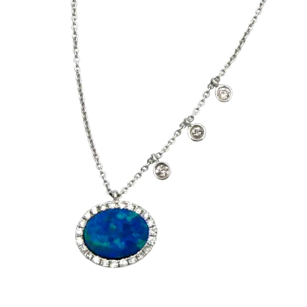 MEIRA T BLACK OPAL (most rare opal type) DIAMOND HALO NECKLACE 14K WHITE GOLD